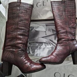Fabio Rusconi Italian Women Bordo Crocko leather tall boots, hills, US 7-7.5